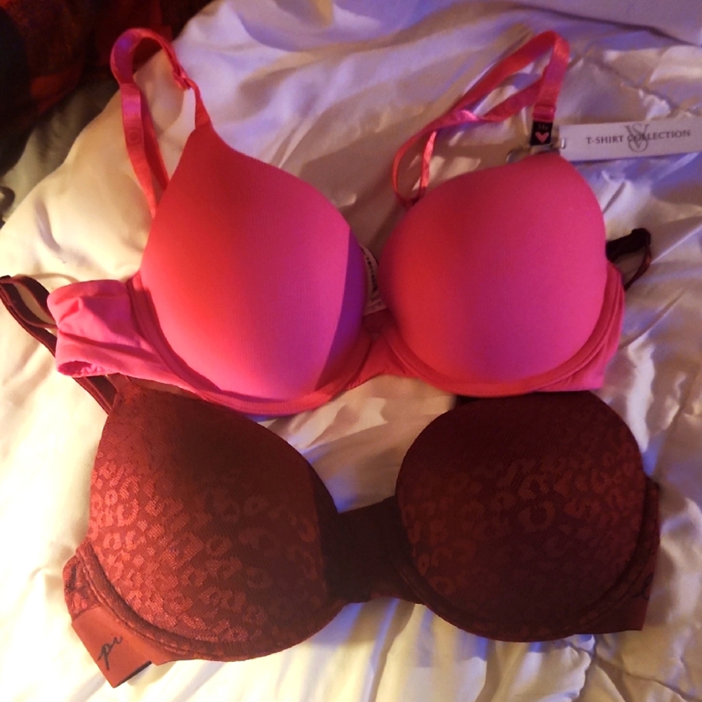 Victoria's Secret Vibrant Pink and Deep Red Bras 34B NWT